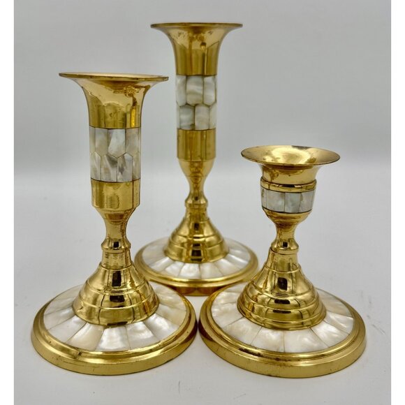 Brass and Mother of Pearl Candle Sticks Set of 3 - Picture 1 of 7